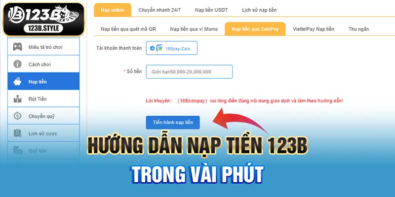 Thao tác nạp tiền 123B đơn giản, dễ dàng